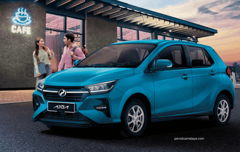 Perodua Axia Bahagian hadapan dengan gril aerodinamik, lampu utama led dan reka bentuk kereta kompak bandar