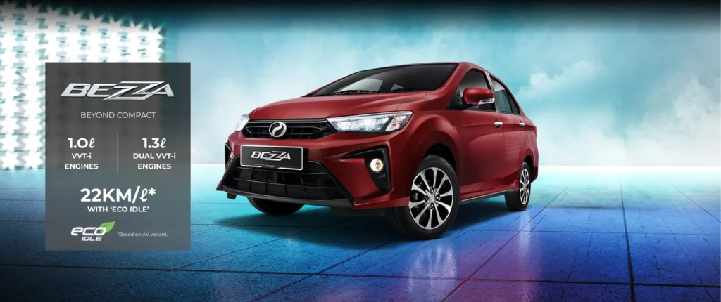 Perodua Bezza 2026 dengan reka bentuk saloon kompak, gril depan yang elegan dan lampu utama berbentuk tajam, memberikan penampilan moden dan bergaya.