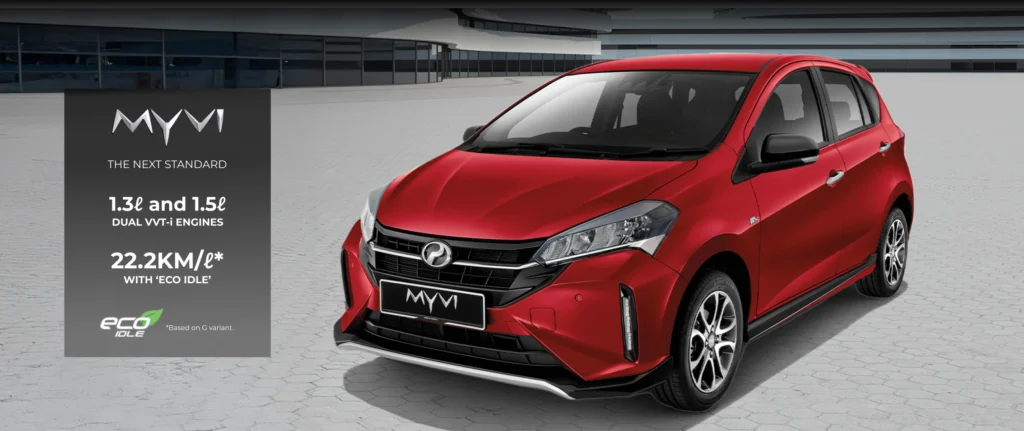 Perodua Myvi 2026 dengan reka bentuk kompak, gril depan moden, memberikan penampilan yang dinamik dan bergaya