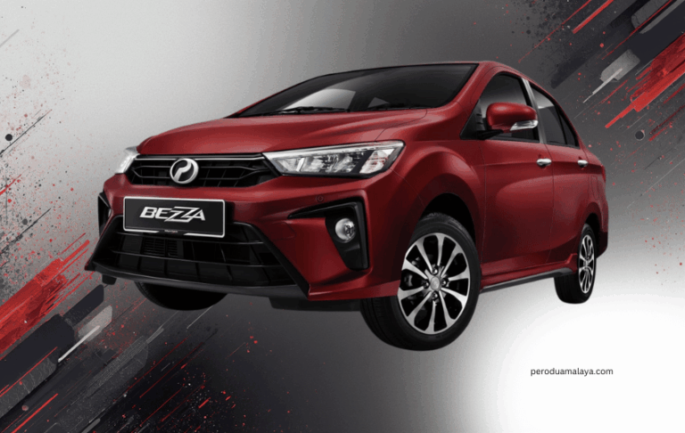 Perodua Bezza dari bahagian hadapan, dengan lampu tajam, grill hitam dan logo Perodua di tengah