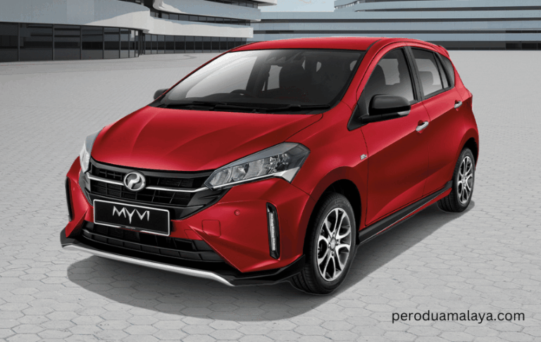 Bahagian hadapan perodua myvi dengan gril yang elegan dan reka bentuk yang moden dan kompak.